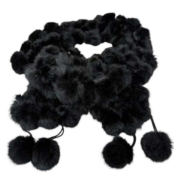 Fur Pompom Scarf Black 6x64" Evening Accessory Party Prom - Picture 1 of 6